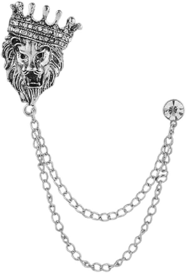 Vintage Animal Tassel Chain Pin Brooch for Men Women Punk Buck Suit Tie Lapel Pin Crown Lion Rhinestone Collar Chain Pin for Boyfriend Gifts