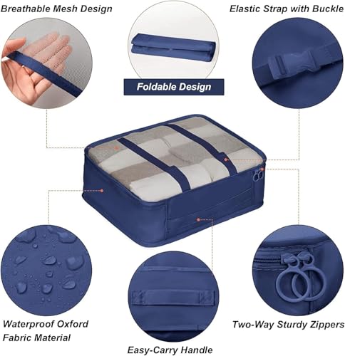 Image of 7 Pcs Travel Organizer Bag Set for Luggage | Waterproof Packing Cubes for Clothes, Shoes & Toiletries | Foldable Travel Storage Bags for Men & Women | Black Travel Pouch Set (DARK BLUE)