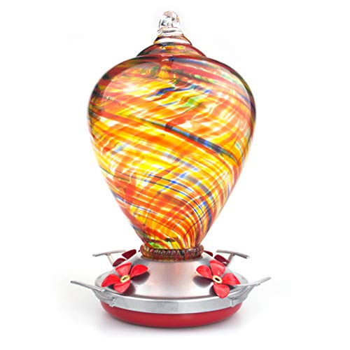 Muse Garden Hummingbird Feeder for Outdoors, Hand Blown Glass, 34 Ounces, Ant Moat Included, Candy