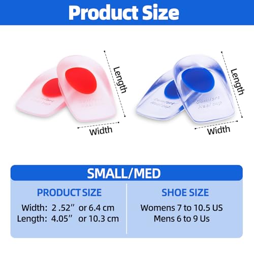 Image of Gel Silicone Heel Cups /Pads - 2 Pair Heel Lifts for Plantar Fasciitis,Heel Pain Shoe Inserts Heel Protectors,Achilles Tendonitis (Blue+Red, Small /Med)