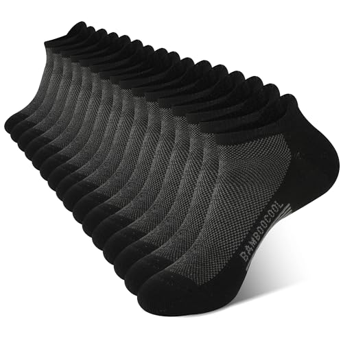 BAMBOO COOL Men's Ankle Socks Athletic Cushioned Moisture Wicking, Running Socks Arch Support Breathable, Heel Tab 8 Pack Black
