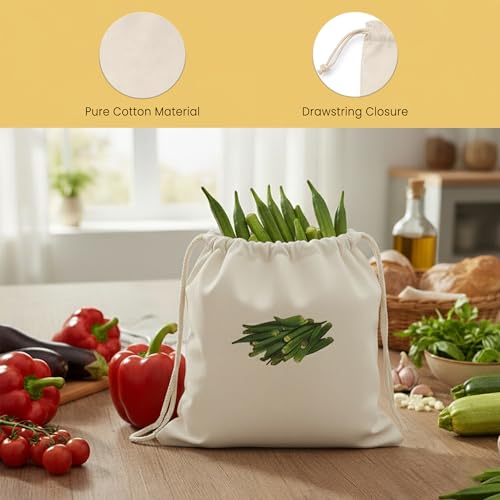 Image of Cotton Vegetable Bags for Fridge | Reusable Vegetable Storage Bags | Breathable Cloth Vegetable Cover | Eco Friendly Fridge Organizer | 12x12 Inch | Pack of 10 (DRAWSTRINGS CLOSER PACK OF 10)