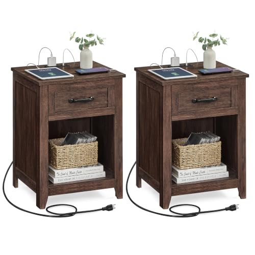 VASAGLE LIRY Collection - Farmhouse Nightstands with Charging Station, Set of 2 Bedside Tables, Side Tables with Drawer, Open Compartment, for Bedroom, Maroon Brown ULET959K51