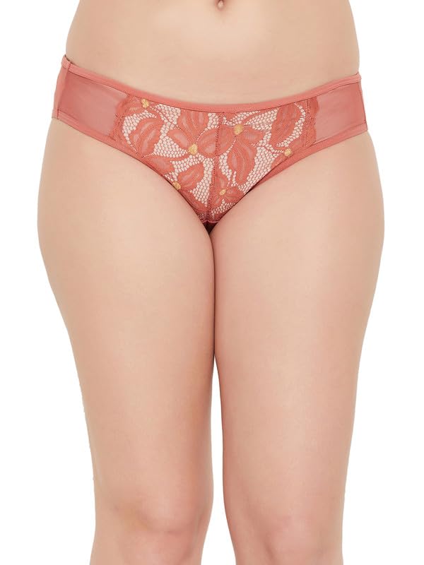 clovia Women's Lace Low Waist Outer Elastic Bikini Panty - Orange-picture-30