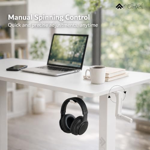 Image of ARTIKEL Manova Height Adjustable Table for Office Work | Manual Adjustable Desk with Hand Crank | Ergonomic Table for Home | 80Kg Wt Lift | Cup Holder, 2 Headphone Hook (White, 140 * 60cm)