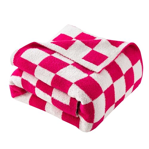 Image of Elegant Comfort Checkered Throw Blanket, Hot Pink Super Soft Cozy Fluffy Warm Throw Blankets for Couch, Sofa, Chair, Bed, Camping, Picnic, Travel Lightweight Bed Blanket (50 inch x 70 inch)