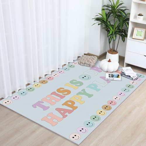 Image of Drydiet 5 x 7.5 ft School Style Pastel Rainbow This is Our Happy Place Educational Area Rug for Student Large Multicolor Classroom Blanket Pastel Play Carpet for Teaching Playroom