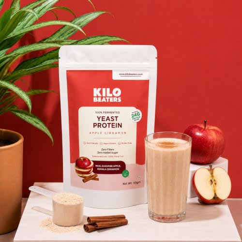 Image of Kilobeaters Fermented Yeast Protein Powder | Apple Cinnamon Flavour | 24g Protein Per Serving | Vegan Plant Protein | Gut Friendly | Gluten Free | Zero Added Sugar | Zero Fillers | 50g (Pack of 4)