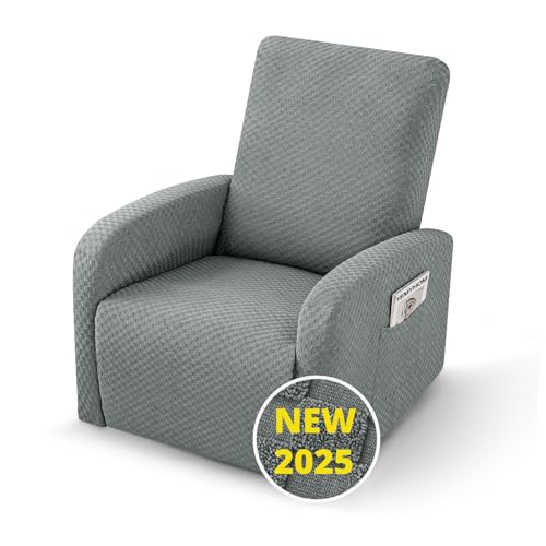 Image of YEMYHOM 3 Pieces Stretch Recliner Slipcover Jacquard Small Recliner Chair Cover with Side Pocket Anti-Slip Fitted Furniture Protector with Elastic Bottom (X-Small Recliner, Light Gray)