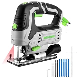 Electric Jigsaw Tool: DESOON 800W Power Jig Saws Wood Cutter Machine with LED Light Laser, 4 Orbital Sets, 6 Variable Speed, 800-3000 SPM, with 10 PCS Sawblades for Wood, Metal, Plastic