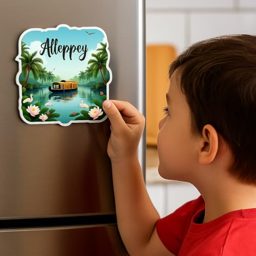 Image of Naxon Alleppey Kerala Souvenir Wooden Fridge Magnet - 3x3 Inch Refrigerator Magnet for Kitchen & Home Decor | Travel Souvenir Gift with Backwaters & Houseboat Design | Pack of 1