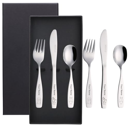 Cubiertos infantiles personalizados Exzact, 6 piezas de cubiertos para niños, en una caja de regalo negra (6 piezas - nombre personalizado)