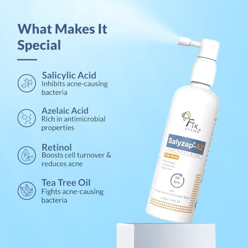 Image of Fixderma Salyzap-Az 2% Salicylic Acid + 2% Azelaic Acid Body Acne Treatment Unscented Spray For Acne On Body Parts Like Back, Upper Arms | Paraben Free | Unclog Pores - 100ml