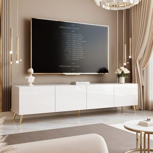 IDOHOME 100/200/300 cm LED Meuble TV Blanc Brillant avec Rangement et LED - Meuble TV Mural avec 4 Compartiments Spacieux