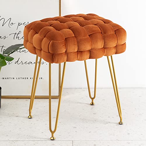 Velvet Vanity Stool , Rectangle Ottoman Foot Stool, Upholstered Make Up Bench With Gold Metal Legs And Padded Seat, Modern Indoor Bench For Living Room, Bedroom,Dressing Room, Kids Room,Pumpkin Brown #TOP4
