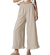 GTLIAE Women's Cotton Linen Wide Leg Pants Summer Casual High Waist Ruffle Hem Cropped Trousers w...