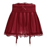 Picture of ABAFIP Men's Sissy Lingerie Mini Skirt Floral Lace Trim Mesh Sheer Skirts with Garters Belt See Thru Crossdressing Underwear Strappy Underpants Wine Red Medium
