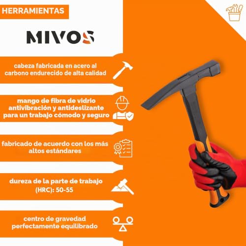 Miniatura 3 de Mivos Martillo De Albañilería 600 G - Forma Renana - Cabeza De Acero Y Mango De Fibra De Vidrio Con Amortiguación De Vibraciones - Para Ladrillo Y Hormigón