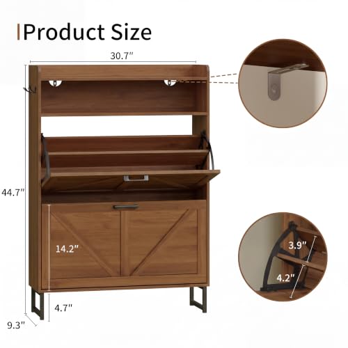Image of Shoe Cabinet with 2 Flip Drawers, Freestanding Hidden Shoe Storage Organizer for Entryway, Narrow Slim Shoe Rack Cabinet with Open Storage & Hooks for Front Door Entrance, Living Room, Hallway, Walnut