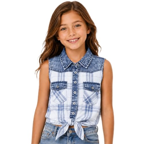 Bienzoe Girls Crop Tank Tops: Cowgirl Plaid Sleeveless Button Down Western Casual Blouse Blue 18