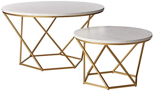 Walker Edison Modern Round Nesting Coffee Table Living Room Accent Ottoman Storage Shelf, Set Of 2, Marble and Gold
