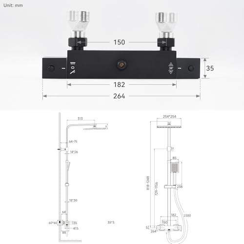 Miniatura 9 de Auralum Columna Ducha Negra Con Grifo Ducha Termostatico De Latón Y Rociador Ducha Cuadrado 254x254mm, Alcachofa De Ducha 85x85mm, Columna Altura Adjustable Entre 818-1248mm