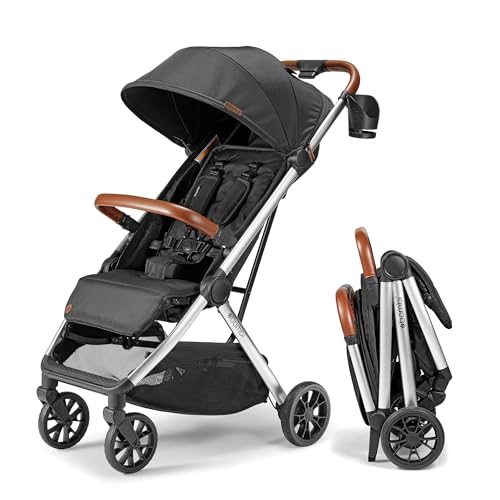 Bombi B?bee V2 Lightweight Baby Stroller - Premium Vegan Leather, One-Hand Fold, Infinite Recline, Aircraft-Grade Aluminum Frame, XXL Canopy, and Ample Storage Umbrella Stroller - Midnight Black