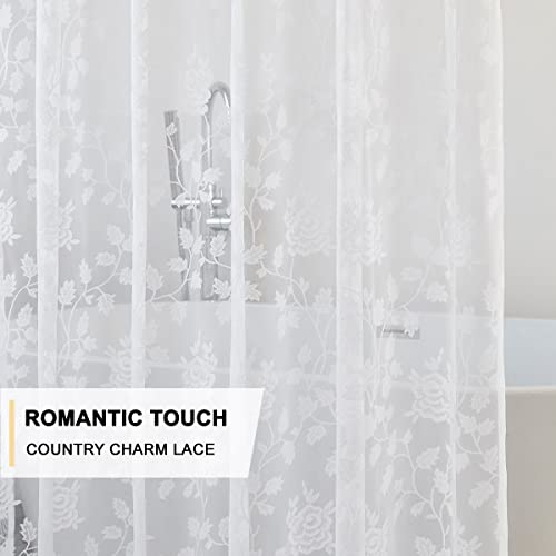Terlytex White Lace Shower Curtain With Attached Valance, Rustic Vine Floral Embroidered Scalloped Lace Sheer Shower Curtain 72 Inch Length For Farmhouse Bathroom, 72 X 72 Inch, 1 Panel, White #TOP3
