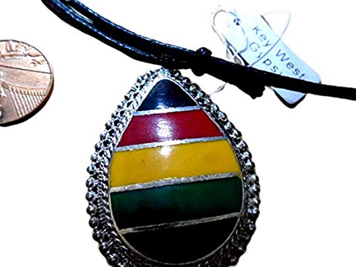 Key West GypsyRasta Big 2" high Pendant Hand Crafted w/Inlaid Enamel Rastafarian Colours Necklace Black & Silver Plate Frame 36" Adjustable Necklace