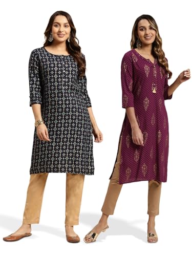 Image of rangita Women's Rayon Regular Fit Straight Kurti | Kurta (Pack of 2)