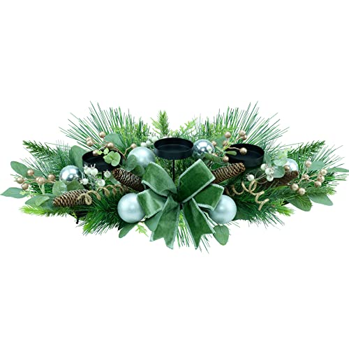 Yuletime 28" Christmas Triple Candelabrum, Holiday Candle Holder With Three Trays, Green Bow, Silver Baubles, Natural Pine Cones, White Mistletoe, Golden Berries, Eucalyptus Leaves, Spruce Branches #TOP1