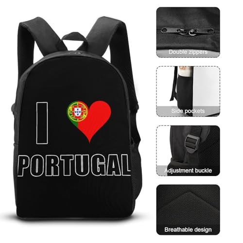 I Love Portugal Flag Large Travel Backpacks Carry on Backpack Weekender Bag with 2 Storage Pockets for Men And Women3