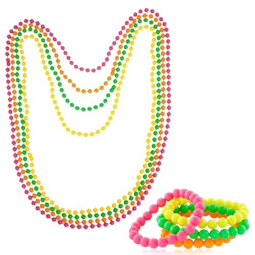 Neon Jewellery, 8PCS Fancy Dress 80's Retro Beaded Jewelry Set, Colorful for Women - Neon Necklace, Bracelets, Bulk, 80s Fancy Dress Accessories
