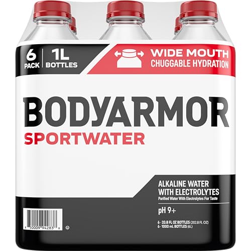 BODYARMOR SportWater Alkaline Water, High Alkaline Bottled Water, pH 9+, 1 Liter (6 Pack), Refreshing Electrolyte Water Pack, Wide Mouth Bottle
