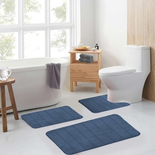 Memory Foam Bath Rug Set 3 Piece Non-Slip Mats,Absorbent Shaggy Super Soft U-Shaped Toilet Rug,Bathroom Carpets for Tub,Shower,Blue by RUN HELIX - Used condition - Image 4