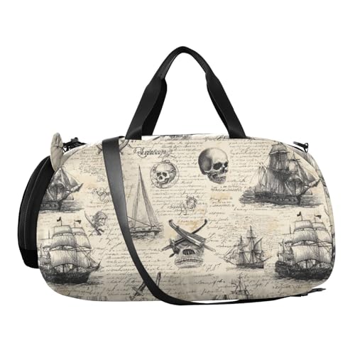 Beige Pirate Sailing Ships Skull Flags CuwrYet Duffel Bag Sports Gym Bag Travel Overnight Bag With Shoe Compartment School Dance Tote Weekender Bag For Boys Girls Kids2