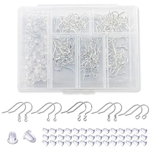 LUOLIPEYA Kit de suministros para hacer aretes, 300 piezas, incluye ganchos de plata de ley 925, hipoalergénicos, 5 estilos, parte trasera de goma transparente para aretes con caja de almacenamiento Cover