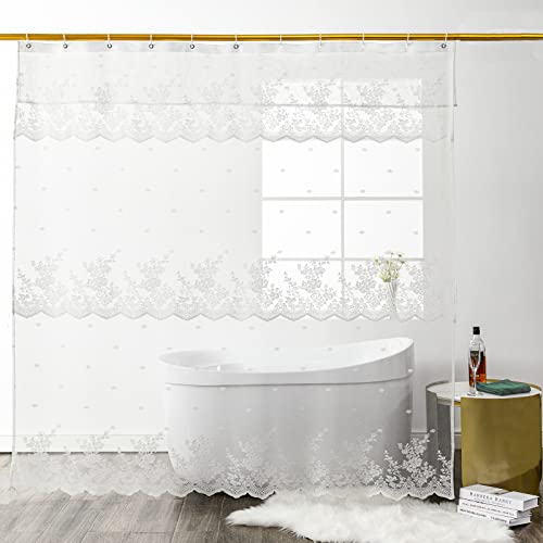 Deeprove BOHO SHOWER CURTAIN-LACE Lace Shower Curtain With Attached Valance For Bathroom, White Victorian Vintage Style Sheer Florals Knitting With 12 Grommets And Hooks, Fabric Shabby Chic Decor Set thumb #6