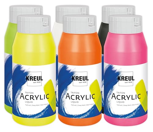 KREUL 35604-17999 Triton Acrylic Liquid Set Neon Colors 6 x 750 ml, Hochwertige Künstler-Acrylfarben in Studienqualität mit leicht fließendem Charakter, zum Mischen geeignet