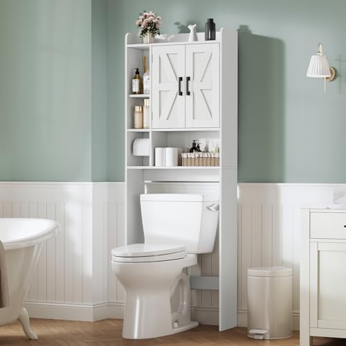 Image of TEENFON Over The Toilet Storage Cabinet with 4 Open Shelves and Adjustable Shelf, Extra Tall Bathroom Organizer Unit with 2 Barn Doors, Home Space Saver for Bathroom, Laundry Room, White