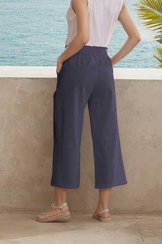 Image of LNX Womens Linen Capri Pants Wide Leg High Waisted Drawstring Casual Cropped Pants with Pockets