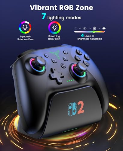 Switch 2 コントローラー 充電ベース搭載 Switch1/2代対応 ダブルホール TURBO連射 マクロ 背面ボタン付き RGBライト 1000mAh大容量 Bluetooth 無線接続 スイッチ コントローラー ジャイロセンサー 振動 プロコン Switch全世代に対応 日本語取扱説明書付き 黒