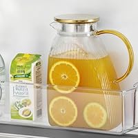 Glass Pitcher With Lid and Spout, 1.8 Liter 60 oz Water Pitcher For Fridge, Clear Iced Tea Pitchers Glass with Stainless Steel Lid, Heat Resistant Water Jug for Fridge Beverage Carafe
