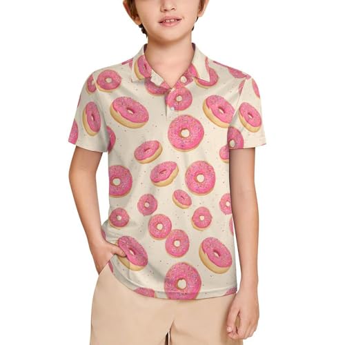 Boys' Classic Polo Shirts Short Sleeve Moisture-Wicking Golf & Tennis Shirts for Youth Teens Pink Doughnut