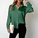 Women's Satin Button Down Shirts V-Neck Long Sleeve Tops Summer Business Office Blouses Casual Fashion Fall Shirt Green