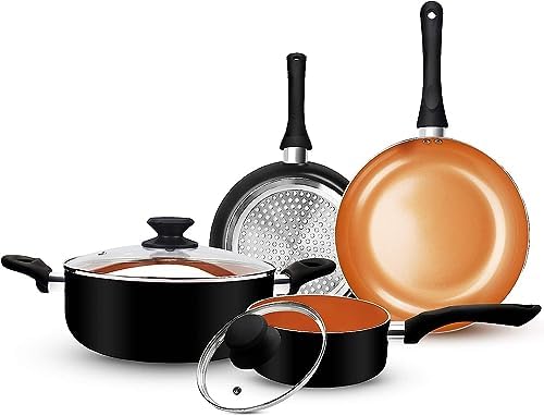 FRUITEAM 6pcs Cookware Set Ceramic Nonstick Soup Pot/Sauce Pan/Frying Pans Set, Copper Aluminum Pan with Lid, Induction Gas Compatible, Black