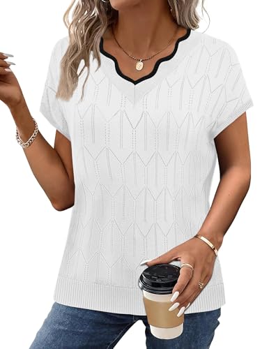 Image of WIHOLL Womens Summer Tops Cap Sleeve Sweater V Neck Shirts Beach Vacation Clothes Business Casual Fashion Clothing