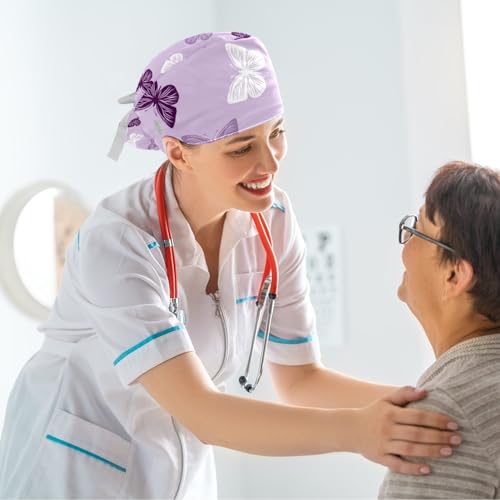 Image of Butterfly Scrub Cap Women with Ponytail & Buttons Adjustable Surgical Nurse Hat with Cotton Sweatband for Long Hair