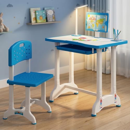 Image of StarAndDaisy Study Table for Kids 3-12years Boys Girls /Kids Study Table with Hight Adjustable Table & Chair, Book Storage, Book Holder & Cup Holder (Blue (with LED LAMP) (E60-Blue)