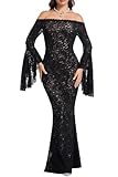 Women's Black Off The Shoulder Floral Lace Maxi Wedding Dress Spring Fall Long Flare Sleeve Formal Party Mermaid Dresses Wedding Guest Gown